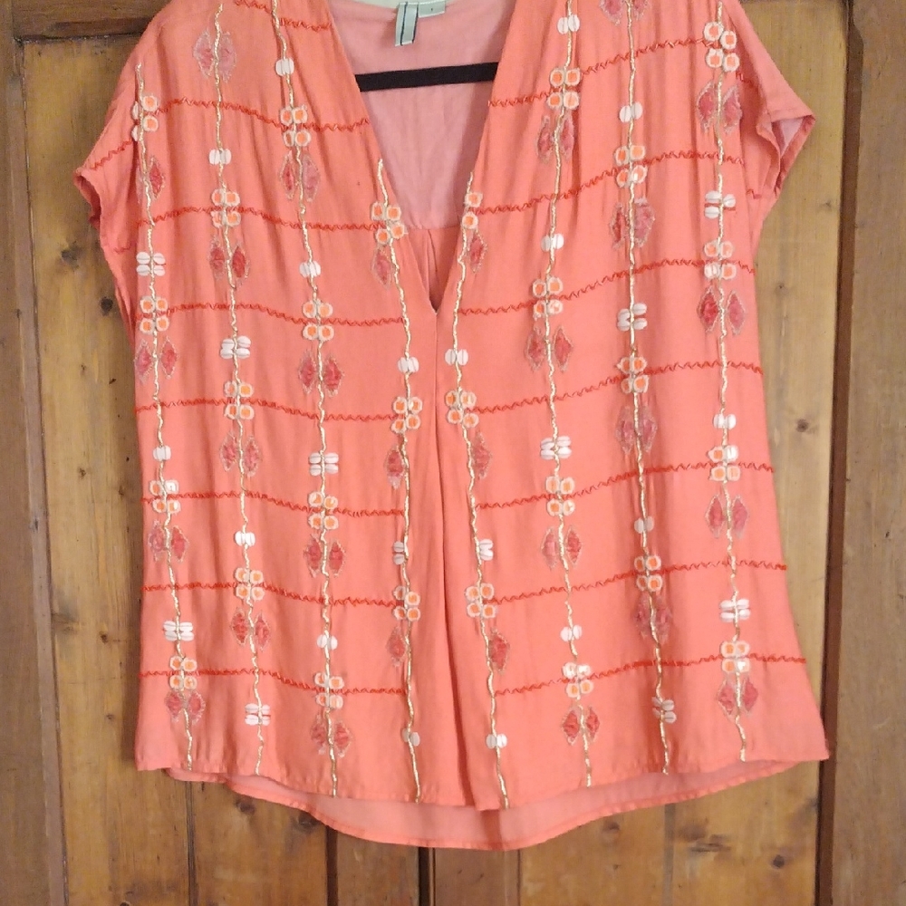 BL^NK Anthropologie Embroidered Coral Women's Top S